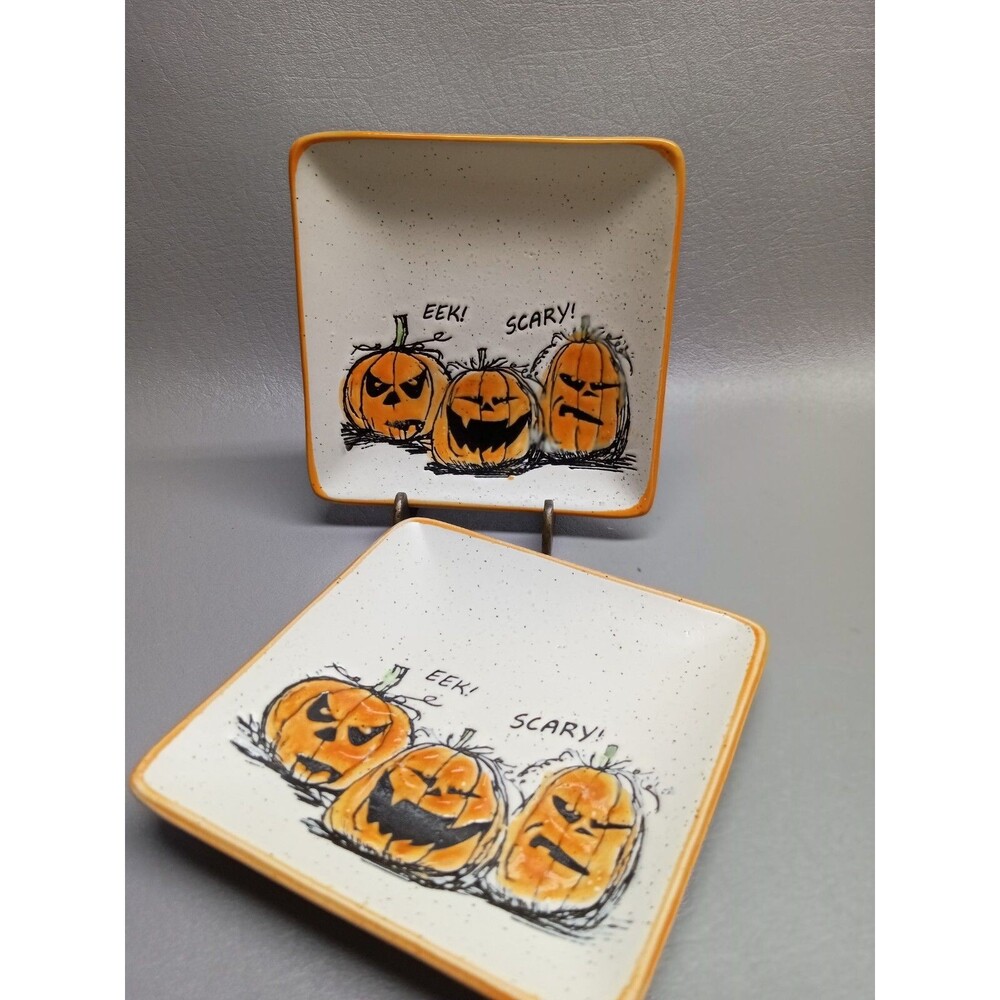 2 ELI & ANA Handmade Ceramics 2019 Halloween Pumpkin snack dish Pottery 5" x 5"